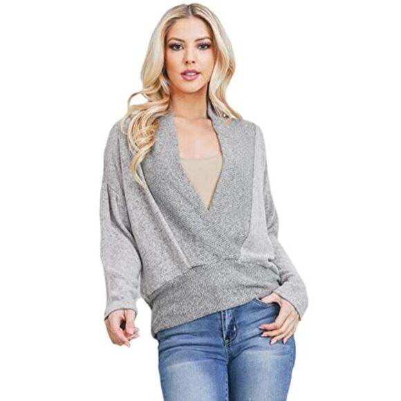 Womens Gray Long Sleeve Drop Shoulder V-Neck Sweater - Picture 2 of 3
